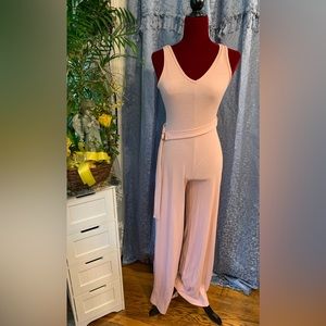 Super cute, pale, pink ribbed belted, V-neck, front  & back jumpsuit size L Read